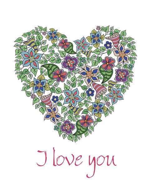 Wenskaart met handgetekende floral hart. — Stockvector