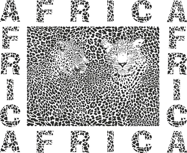 Illustration Noir Blanc Motif Fond Léopard Peaux Têtes Texte Afrique — Image vectorielle