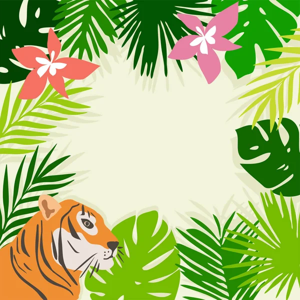 Cadre vectoriel avec feuilles tropicales, fleurs et tigre — Image vectorielle