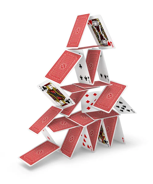 Kártyavár torony 3d összeomlik — Stock Fotó