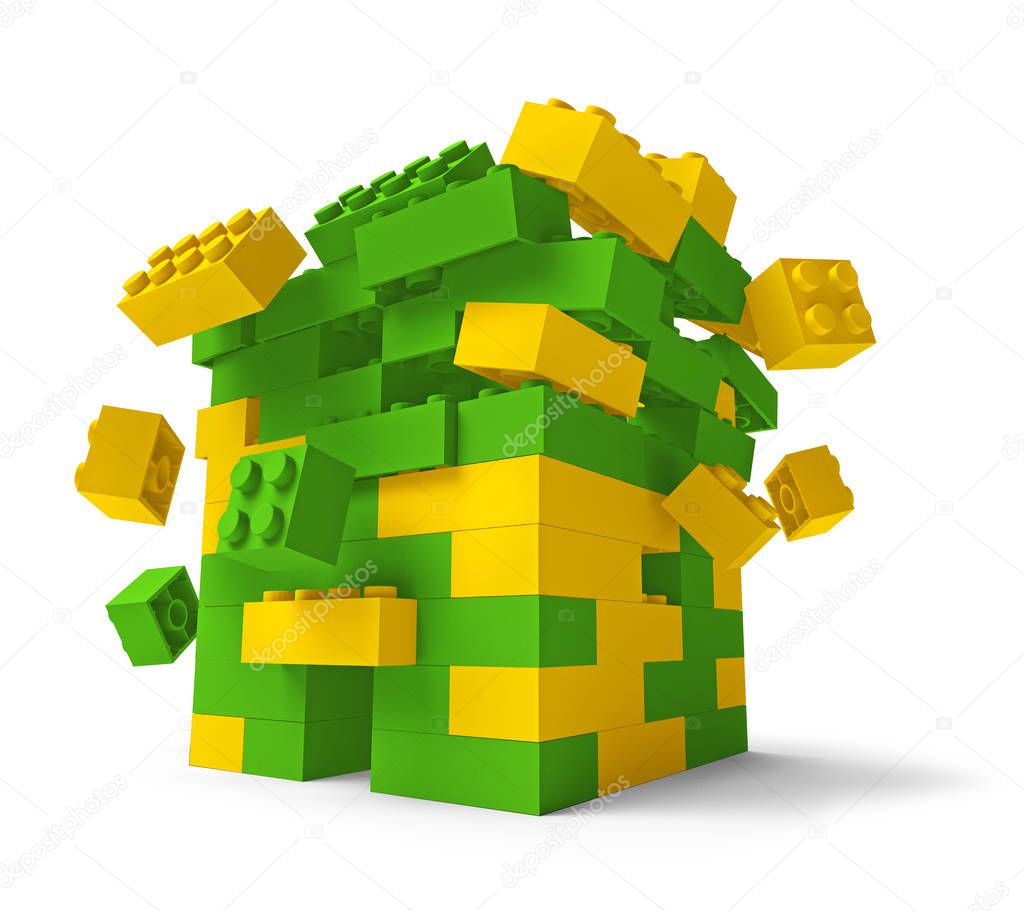 Toy building blocks tower collapsing 3D