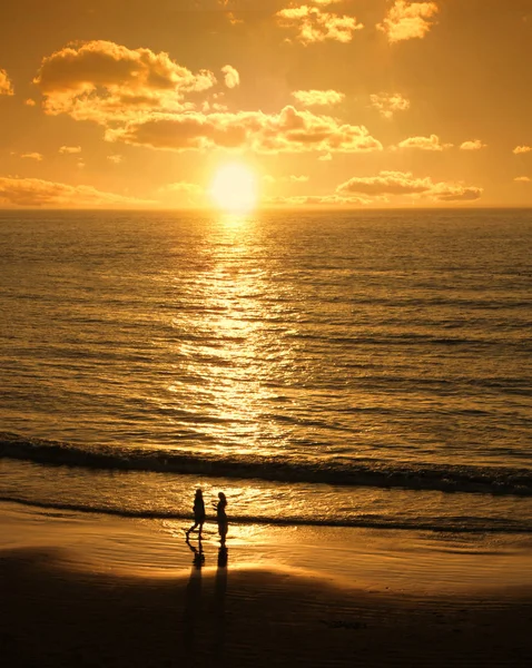 Çift sahilde günbatımı karşılamaktadır. — Stok fotoğraf