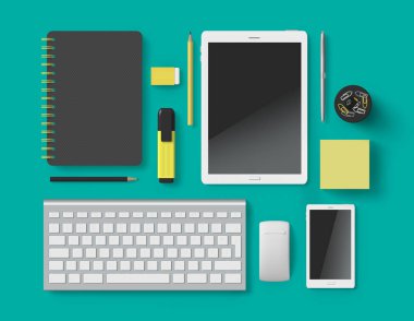 Ofis malzemeleri aksesuar seti 3D renk arkaplanı