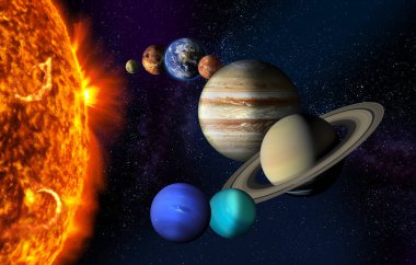 Güneş ve güneş sistemimizdeki gezegenler yıldızlı uzay arka planında. Görüntü ögeleri NASA tarafından desteklenmektedir.