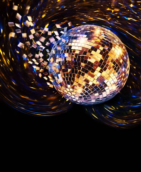 Vintage Disco Spiegel Bal Spinnen Breken Blauwe Gouden Vliegende Glazen — Stockfoto