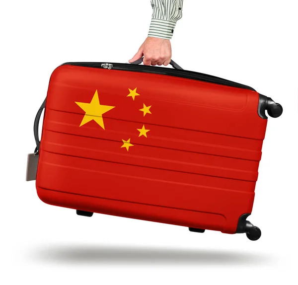Ele Tutuşan Modern Bavul Çin Bayrağı Tasarımı Beyaza Izole Edilmiş — Stok fotoğraf