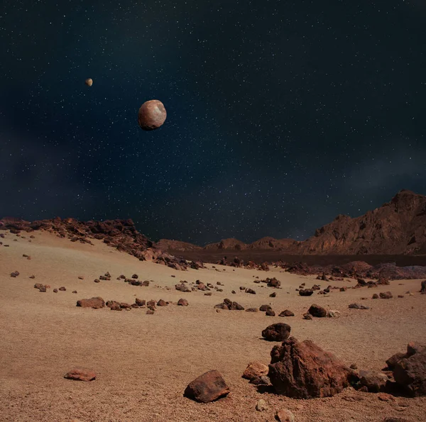 Ілюстрація Супутників Фобоса Деймоса Небі Планети Марс Скелястого Пейзажу Moon — стокове фото