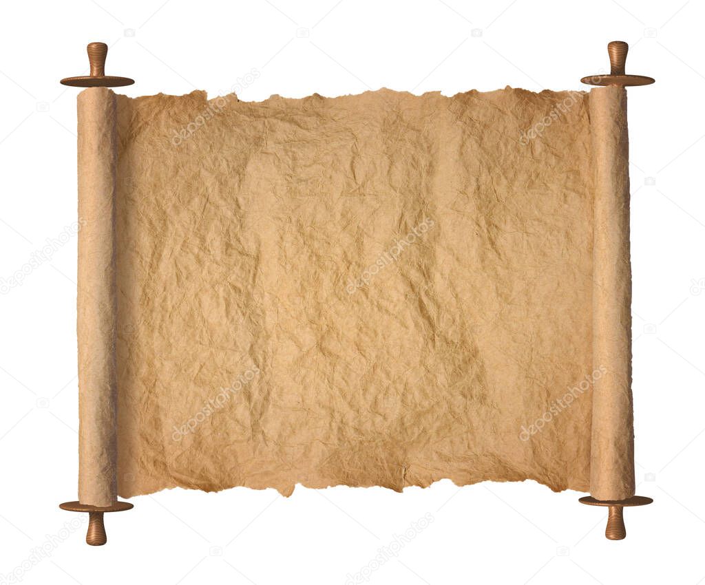 Old rolled blank torah parchment paper roll on white background