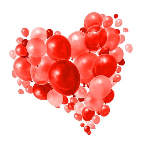 Teplé Červené Balónky Létání Tvaru Srdce Formace Bílé Pozadí — Stock fotografie