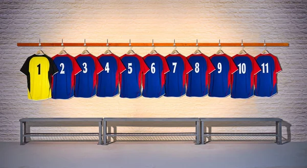 Fila de camisas de fútbol azul con camisa amarilla 1-11 colgando en la pared del vestuario — Foto de Stock