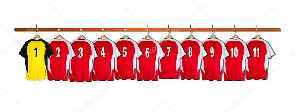 Red and white football shirts