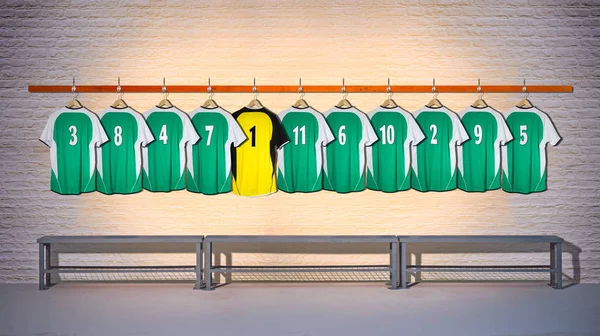 Fila de camisas de fútbol verde con camisa amarilla 3-5 — Foto de Stock