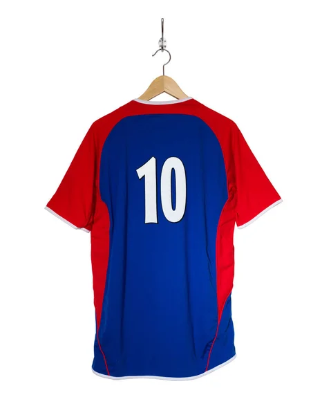 Blue football shirt on hanger — Stock Photo, Image