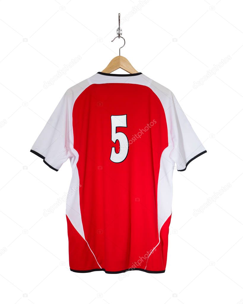 Red football shirt on hanger