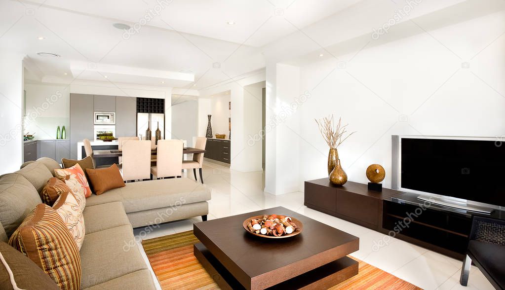 Luxurious living room with a kitchen next to it in the modern ho