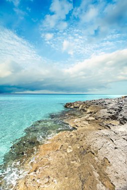 Mavi deniz ve detaylı toprak sahil bulutlu gökyüzü ile 