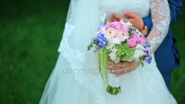 Los novios manos en la cintura de la novia hermosa — Vídeos de Stock