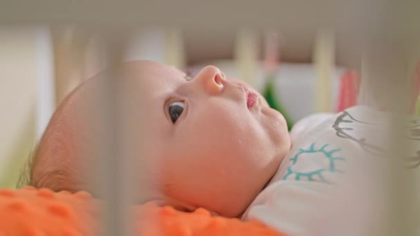 Söt bebis är liggande på en rygg — Stockvideo