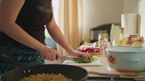 Vrouw bezuinigingen rucola salade — Stockvideo