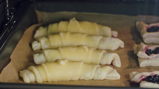 Croissanter bakas i ugn — Stockvideo