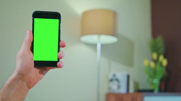 Férfi kezében egy telefon-val egy zöld képernyő — Stock videók
