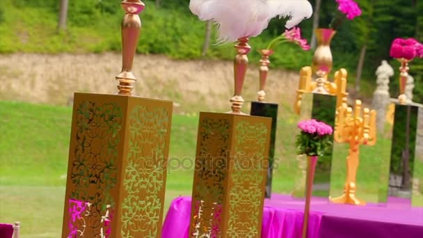 テーブルに美しい羽。結婚式の装飾 — ストック動画
