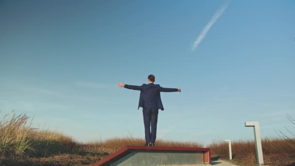 Man Spreading his Arms in the Field — Stock Video