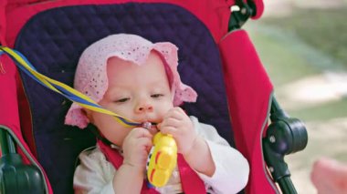 Bebek arabasındaki bebek parkta oturan