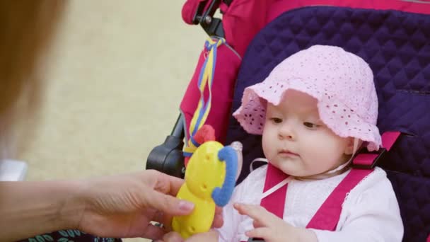 Babys sitter i en barnvagn i parken — Stockvideo