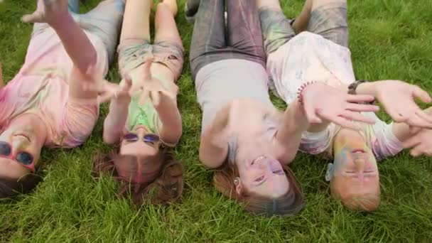 Holi Festival Celebrants Waving at the Camera — Stock Video