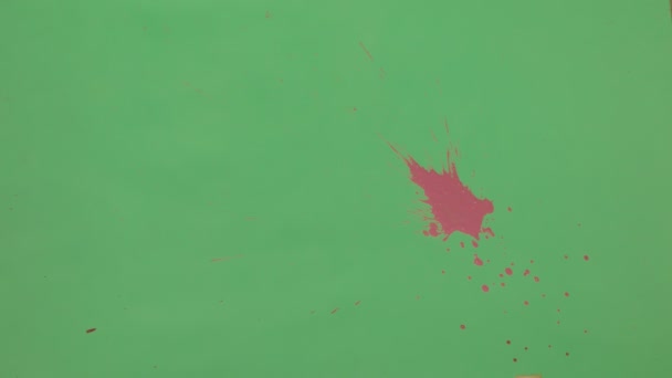 Splatter de tinta rosa sobre fundo de tela verde — Vídeo de Stock