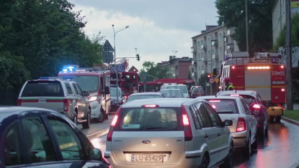 Bilar som kör med lampor på i regnet — Stockvideo