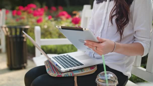 Dame in het Park met behulp van de Laptop en een Tablet — Stockvideo