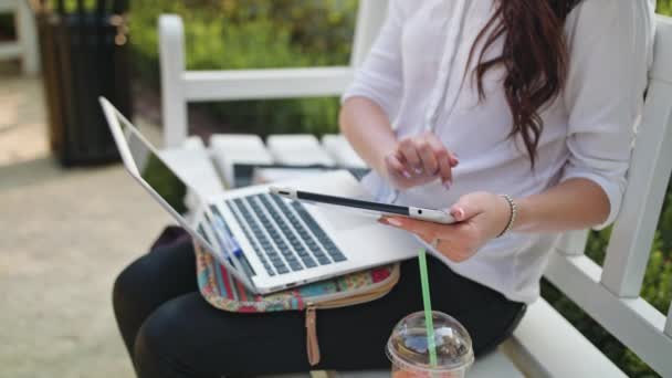 Dama en el parque usando un ordenador portátil y una tableta — Vídeo de stock
