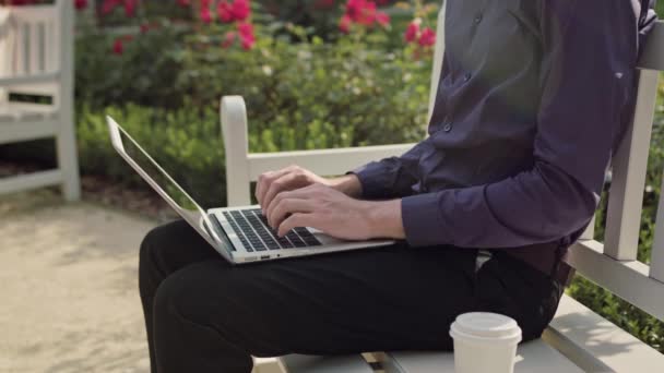 A fiatalember a parkban, használ egy laptop — Stock videók