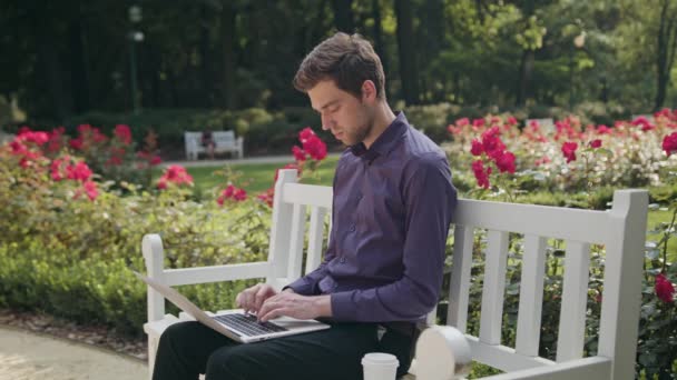 Молода людина в парку Використовуючи ноутбук і п'є — стокове відео