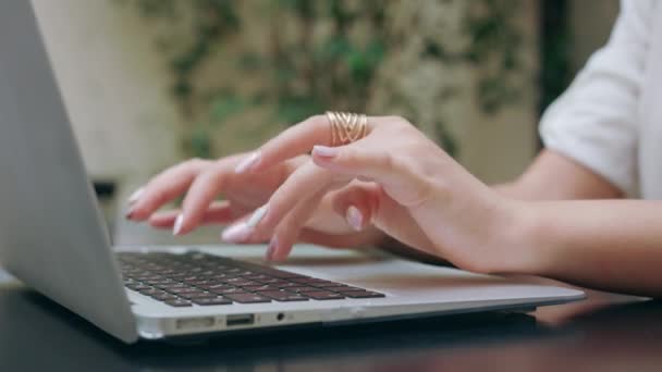 Mãos das mulheres digitando no laptop na sala . — Vídeo de Stock