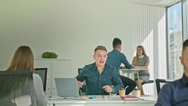 Businessman Celebrating Victory Looking at Laptop — Stock Video