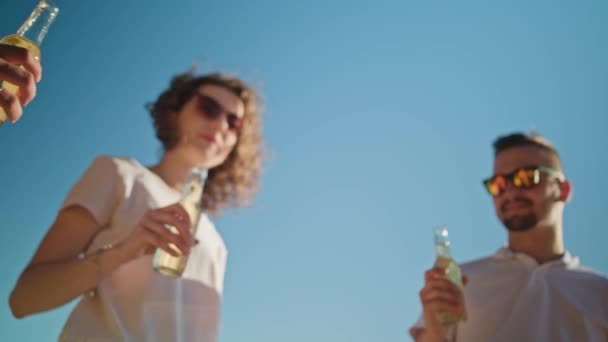 Mladí lidé, cinkání lahví na pláži — Stock video