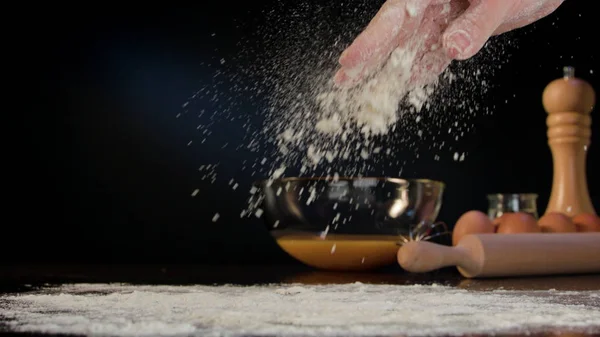 Female Hand Spilling Flour on the Table — Stock Photo, Image