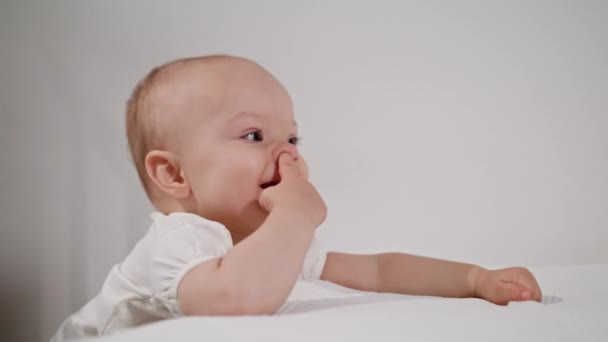 Baby Standing near the bed at Home — Stock Video