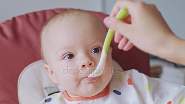 Een meisje van de Baby eten Puree thuis — Stockvideo