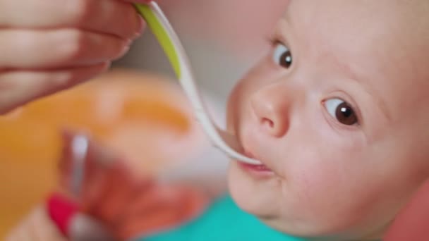 Een meisje van de Baby eten Puree thuis — Stockvideo