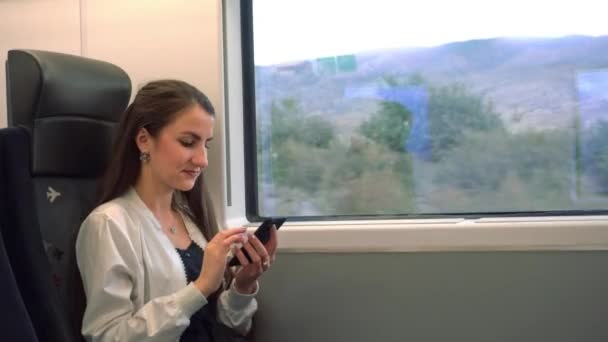 Una joven usando un teléfono inteligente en el tren . — Vídeos de Stock