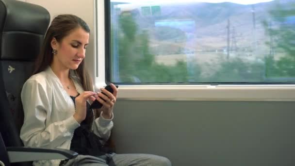 電車の中でスマート フォンを使って若い女性. — ストック動画