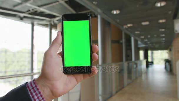 Una mano sosteniendo un teléfono con una pantalla verde — Vídeo de stock