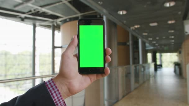 Una mano sosteniendo un teléfono con una pantalla verde — Vídeo de stock