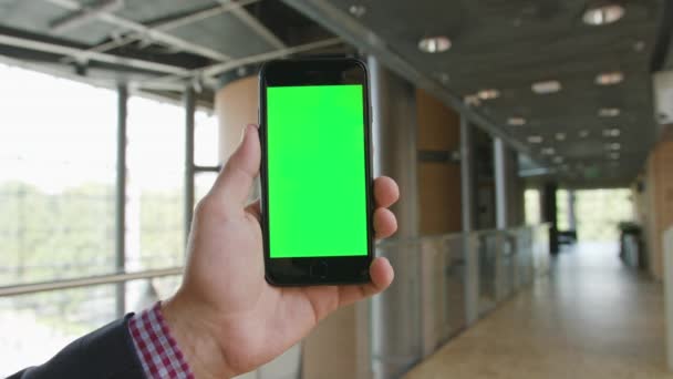 Una mano sosteniendo un teléfono con una pantalla verde — Vídeo de stock