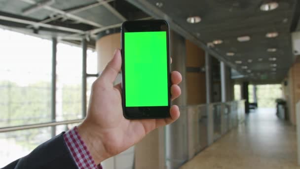 Una mano sosteniendo un teléfono con una pantalla verde — Vídeos de Stock