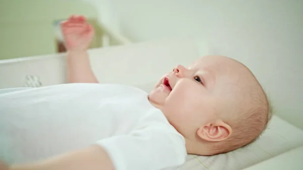 Baby Lying in Bed at Home. Mouth Open — Stock Photo, Image